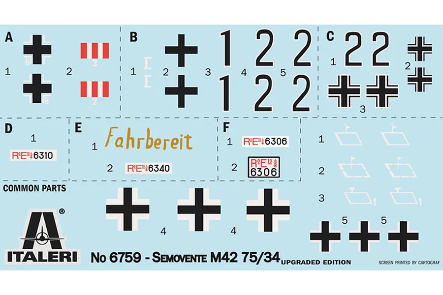 Water slide decal sheet for Italeri 1/35 Semovente M42 75/34 tank model kit featuring numbers, crosses, and markings.