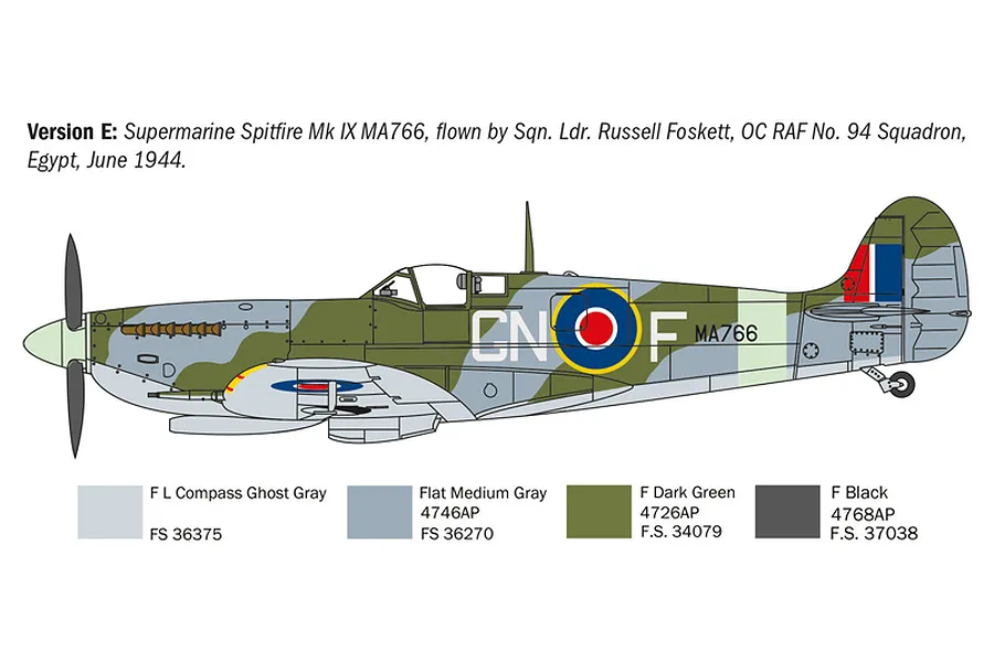 A decal and paint scheme diagram for a Supermarine Spitfire Mk IX labeled Version E with color swatches.