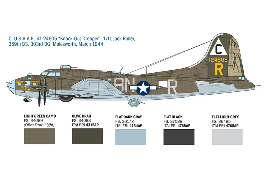 Colour scheme and decal profile diagram for Italeri B-17F Flying Fortress Knock-Out Dropper showing paint codes.