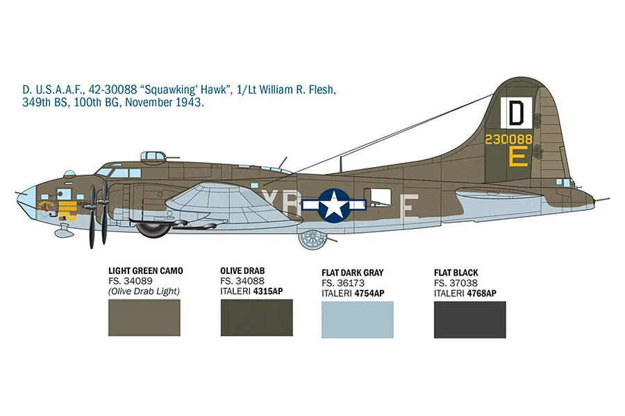Profile illustration of a B-17F Flying Fortress bomber with paint scheme and colour swatches for modelling.