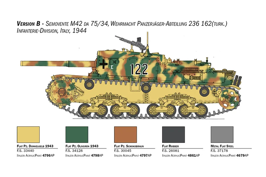 Profile illustration of Version B Semovente M42 da 75/34 tank with camouflage paint scheme and color swatches below.