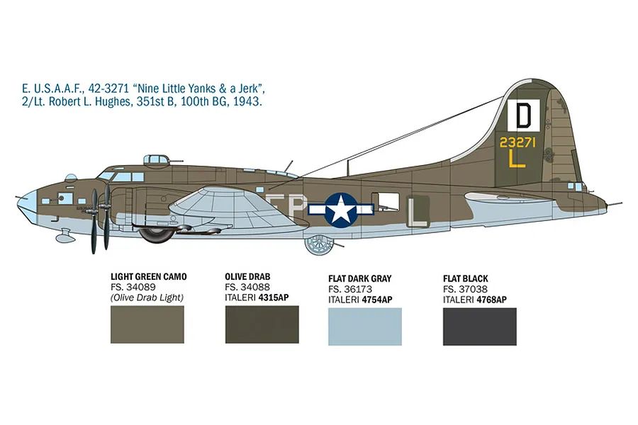Colour and decal painting guide illustration for the Italeri B-17F Flying Fortress model kit showing profile view and paint swatches.