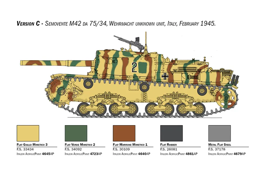 Colour profile illustration for Version C Semovente M42 da 75/34 tank with camouflage scheme and paint guide.