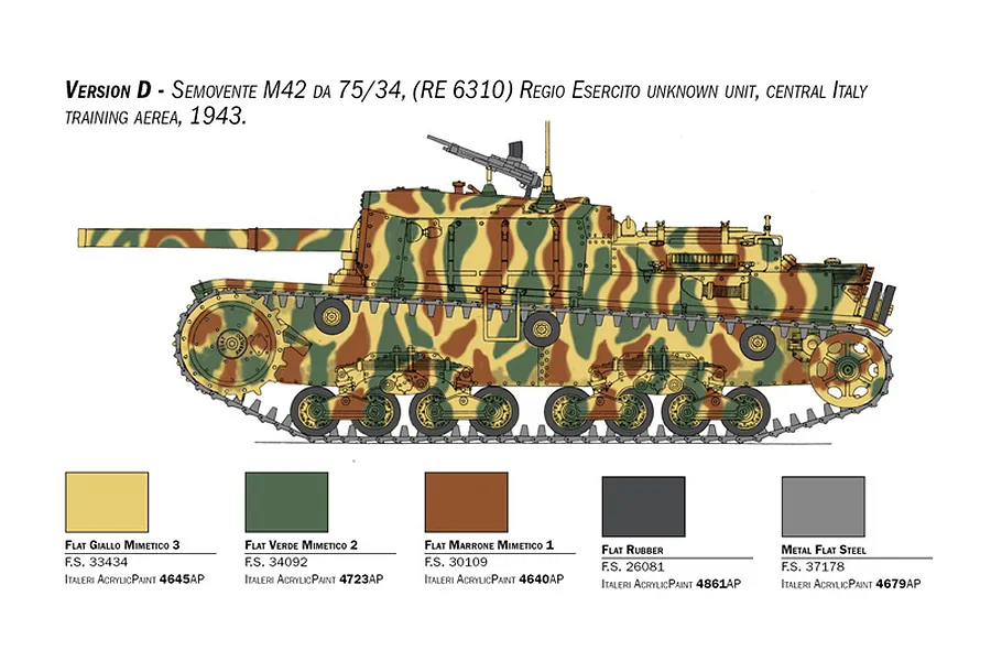 Colour and painting guide for the Italeri 1/35 Semovente M42 da 75/34 tank model kit showing camouflage pattern and paint colour swatches.