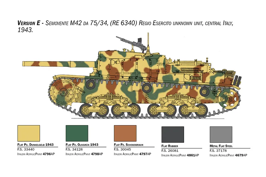 Version E color and camouflage guide diagram for Italeri Semovente M42 tank model with paint color swatches below.