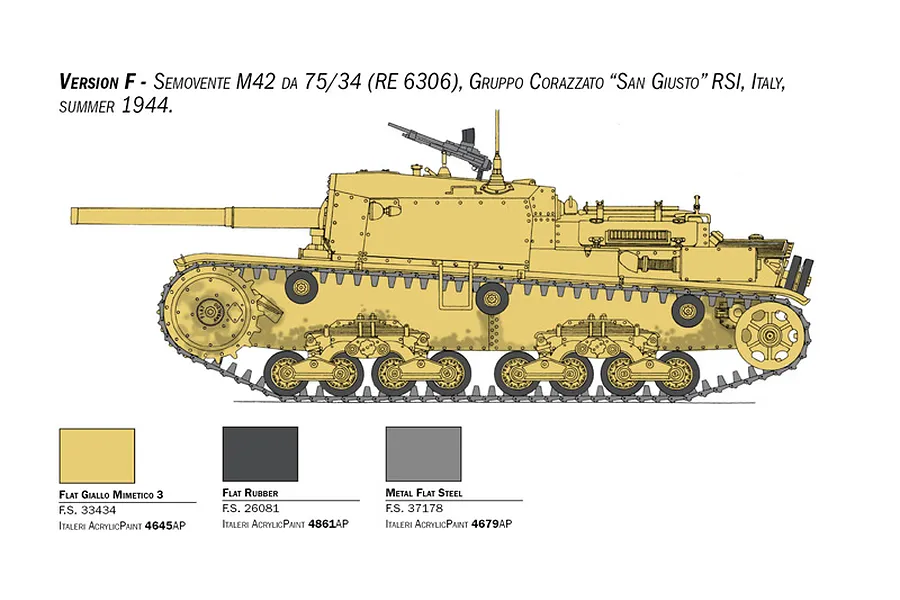 Profile illustration of Semovente M42 tank in desert yellow with paint guide color swatches below.