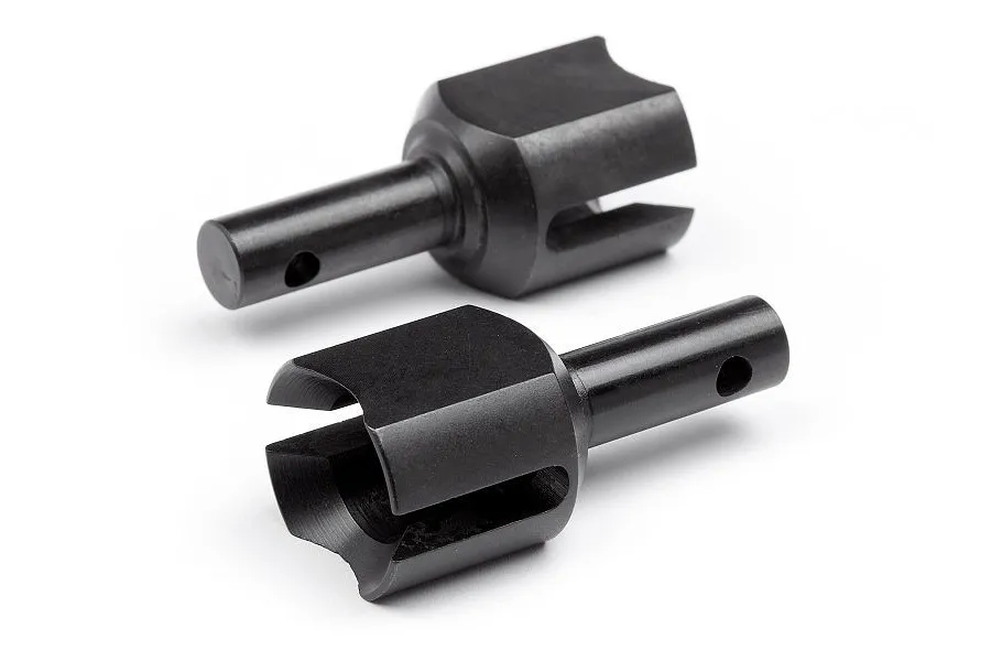 Two black metal differential cups for RC car drivetrain displayed against a clean white background.