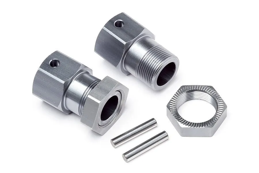 Maverick 1/5 wheel hexes and nuts set featuring silver metal hex adapters, threaded components, retaining pins, and a serrated nut against a white background.