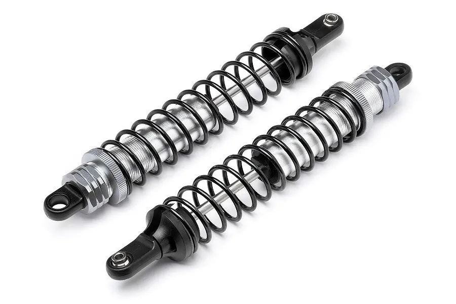 Two silver and black RC rear shock absorbers with coiled springs shown on a white background.
