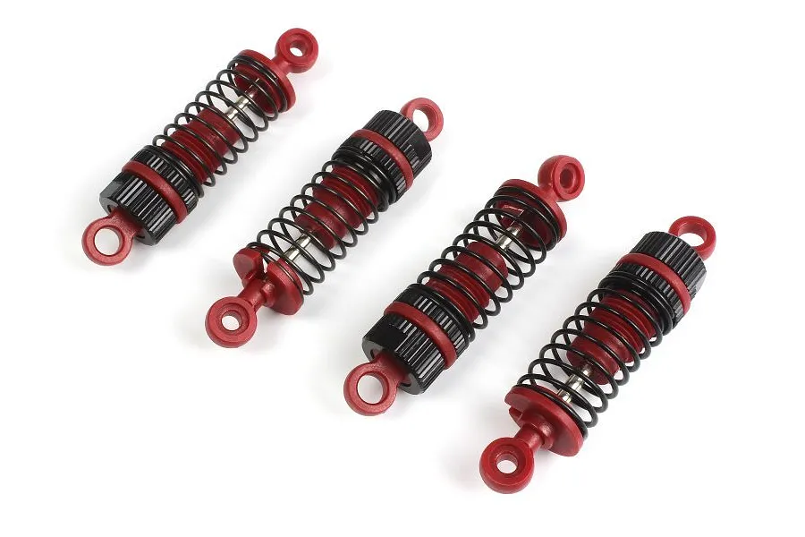 Set of four red and black RC shock absorbers arranged diagonally on a plain white background.