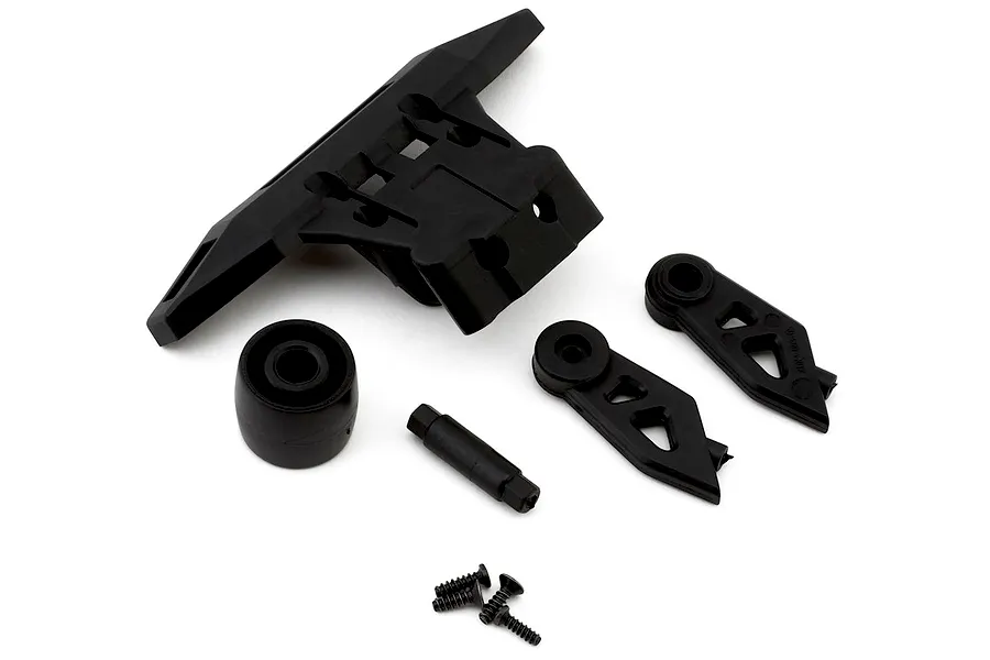 Studio product shot of a black plastic Maverick rear bumper assembly with wheelie bar components, wheels, and screws.