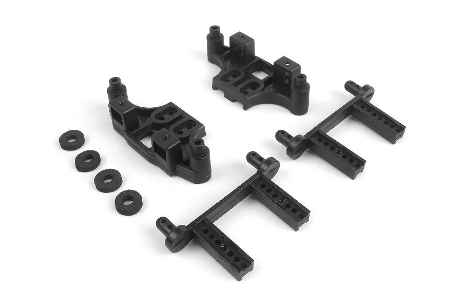Maverick shock tower and body post set featuring black molded plastic parts and four foam washers on a white background.
