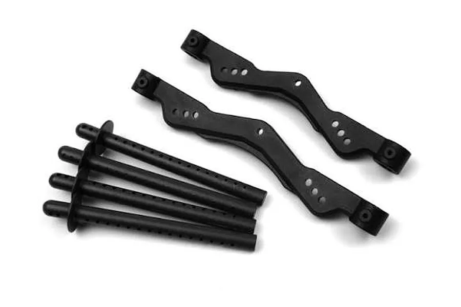 Maverick body mount and post set consisting of two shaped brackets and four vertical posts on a white background.