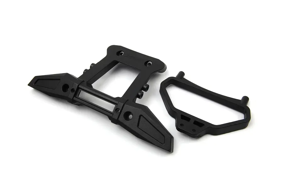 Maverick rear bumper set consisting of two black molded plastic RC car parts displayed on a white background.