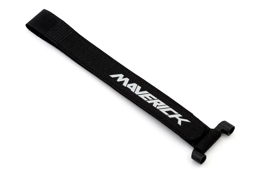 A black Maverick battery strap with white branding laid out diagonally against a plain white background.