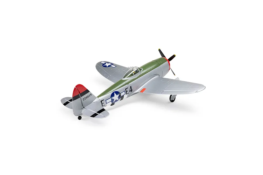 Studio product shot of the E-Flite Micro P-47 Thunderbolt RC warbird in silver and olive drab livery with US markings.