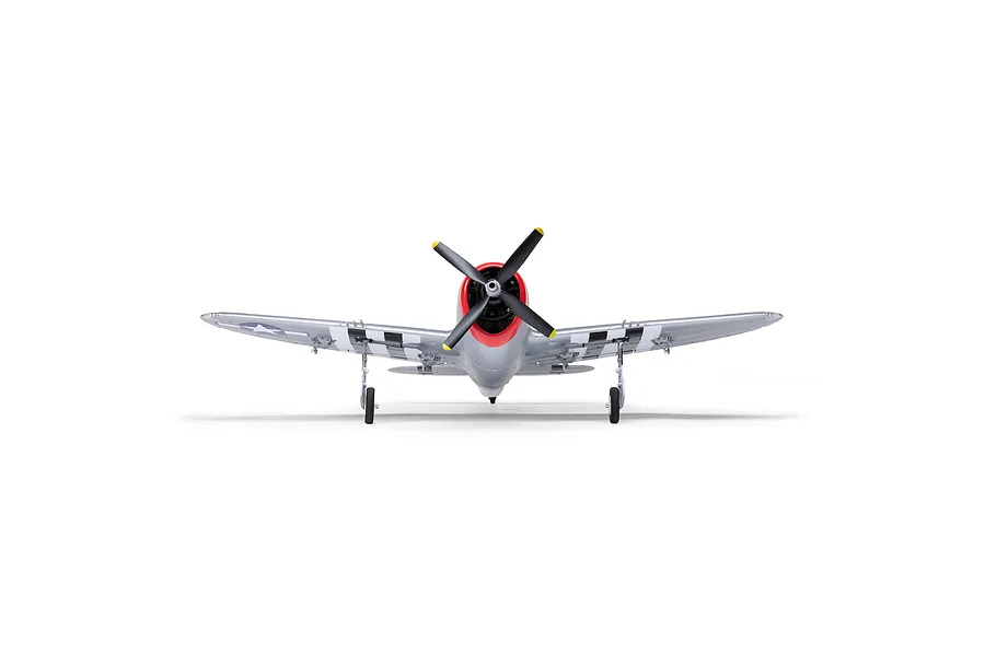 Front view of the E-Flite Micro P-47 Thunderbolt RC warbird on a plain white background, highlighting its red cowl, four-blade propeller, and invasion stripes.