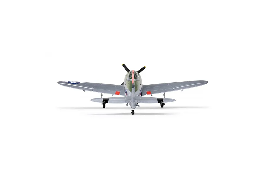 Rear-on studio view of the E-Flite Micro P-47 Thunderbolt RC airplane showing its silver fuselage, wings with insignia, and landing gear.