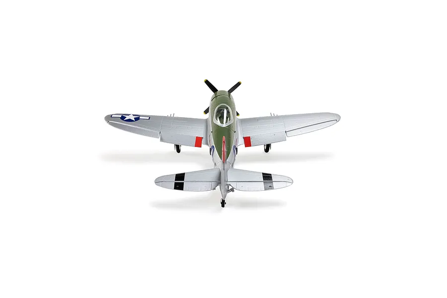Rear-above view of the E-Flite Micro P-47 Thunderbolt RC plane, showcasing its silver and green livery, propeller, and wing insignia against a white background.
