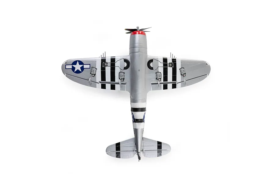 Bottom view of the E-Flite Micro P-47 Thunderbolt RC warbird showing its silver finish, invasion stripes, landing gear wells, and star insignia against a white background.