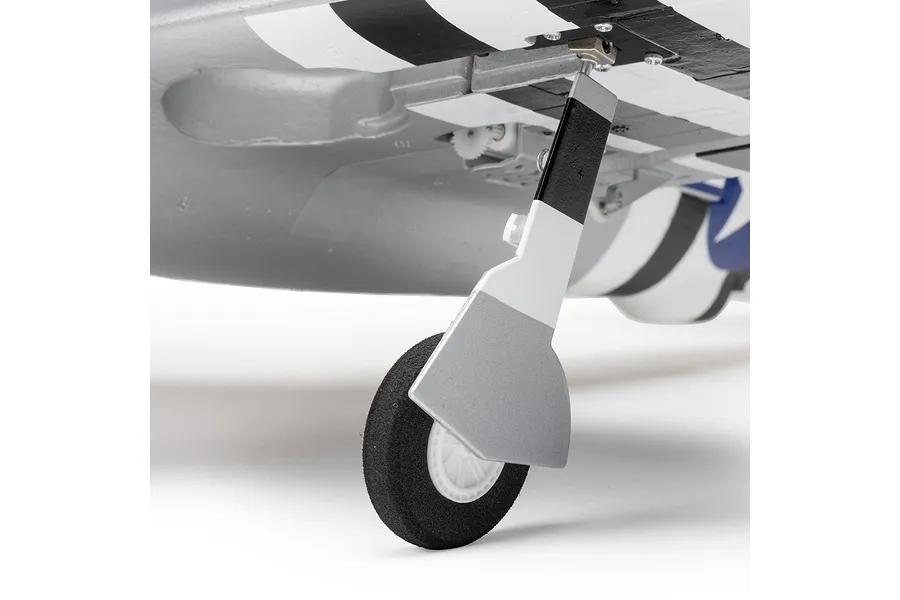 Close-up detail of the landing gear and wheel strut on the E-Flite Micro P-47 Thunderbolt RC warbird.