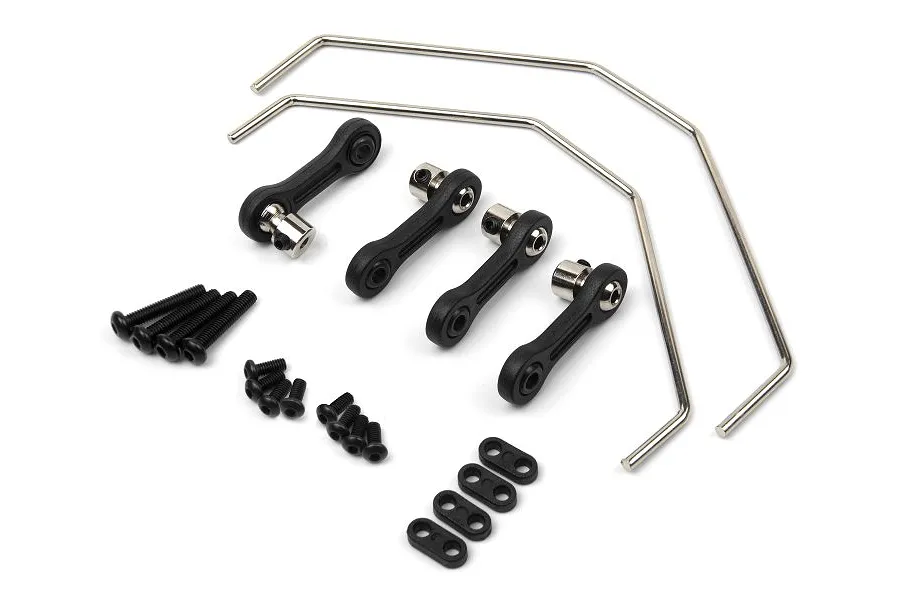 Maverick front and rear sway bar set including metal sway bars, plastic ball links, mounting screws, and small hardware components.