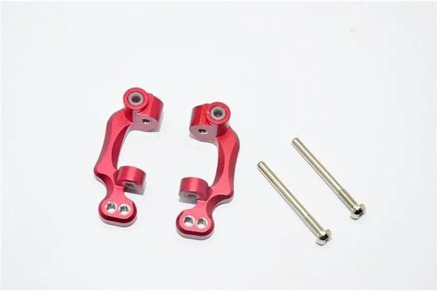 GPM aluminium front hub carriers in red with two metal screws displayed against a plain white background.