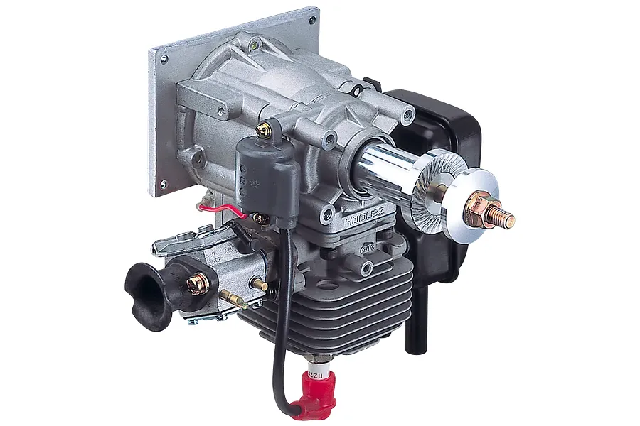 Studio product shot of Zenoah G260PU 2 stroke petrol airplane engine with carburettor and mounting plate against a black background.