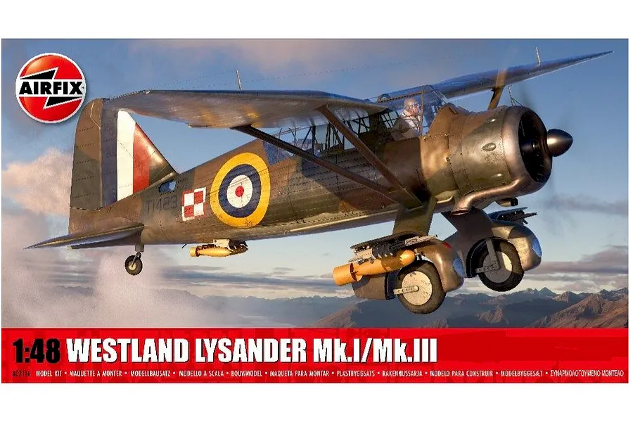 Airfix 1/48 scale Westland Lysander Mk.I/Mk.III model kit box art showing an illustrated aircraft in flight over mountainous terrain.