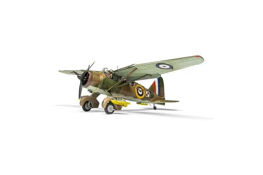 Completed Airfix 1/48 scale model of a Westland Lysander military aircraft painted in camouflage with British markings.