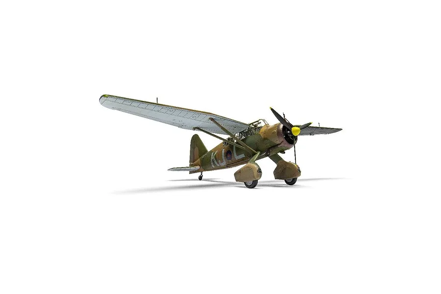 A completed and painted scale model of a Westland Lysander reconnaissance aircraft shown against a white background.