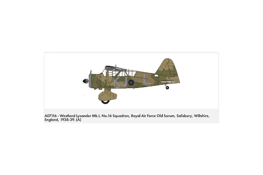 Digital illustration of a Westland Lysander military aircraft profile view in camouflage livery with RAF markings.