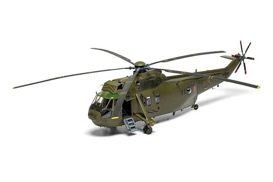 Completed Airfix 1/48 scale model of a Westland Sea King HC.4 helicopter in military green finish.