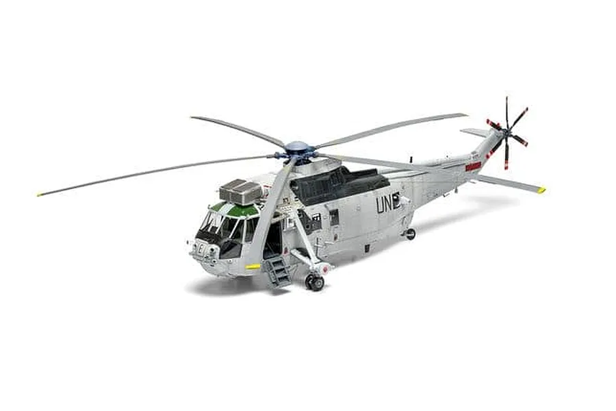Completed Airfix 1/48 scale Westland Sea King HC.4 plastic model helicopter on white background.