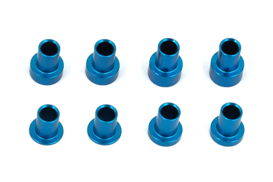Team Associated blue anodized aluminum caster hat bushings arranged in two rows of four on a white background.