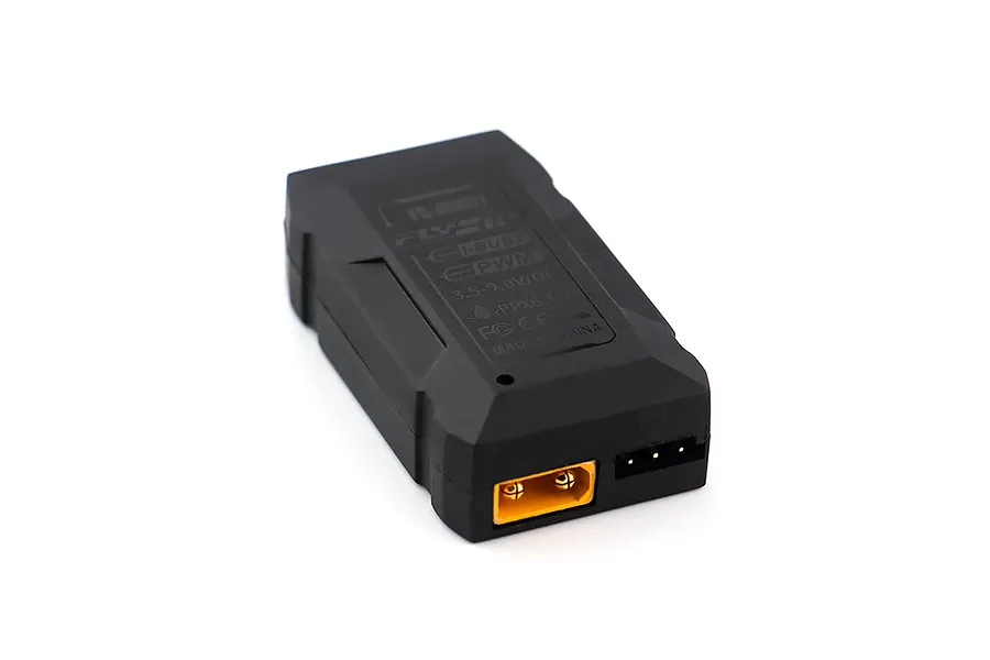 FlySky channel extender module in a black plastic case with a yellow power connector on a white background.