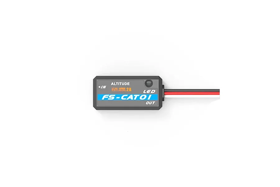 FlySky FS-CAT01 altitude sensor module featuring a black plastic casing with visible connection wires and label text on a clean white background.