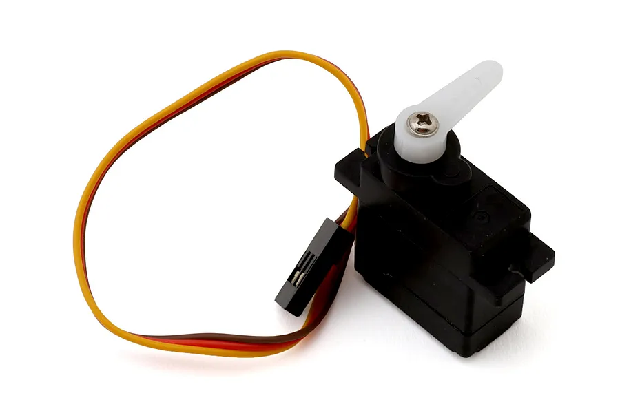 UDI RC rudder servo with black plastic housing, attached white horn, and a three-wire cable with a connector against a white background.