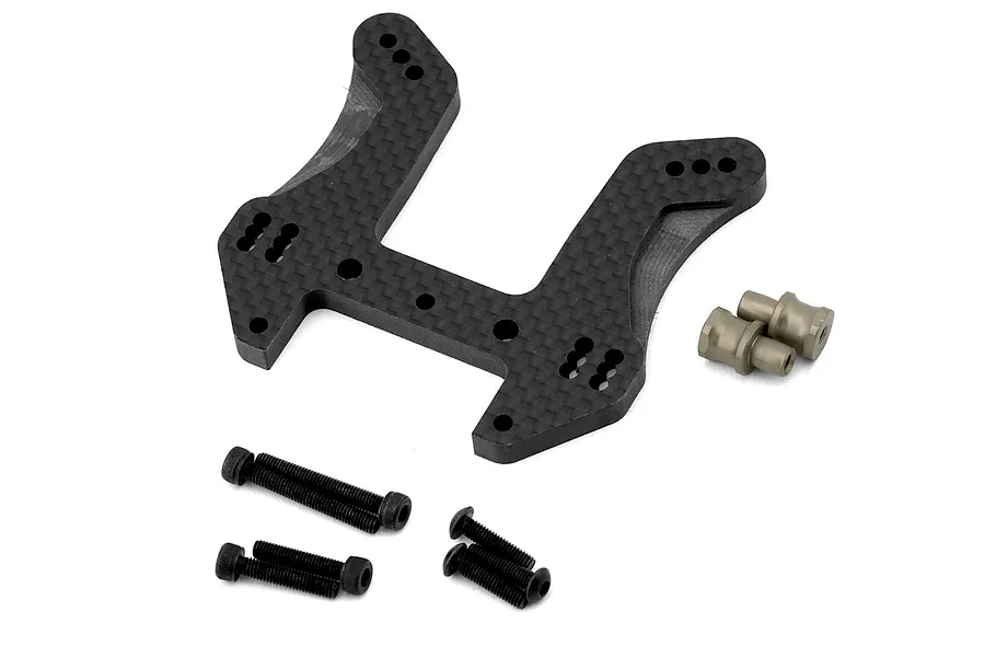 Kyosho carbon fibre front shock tower with included mounting screws and metal standoffs against a white background.