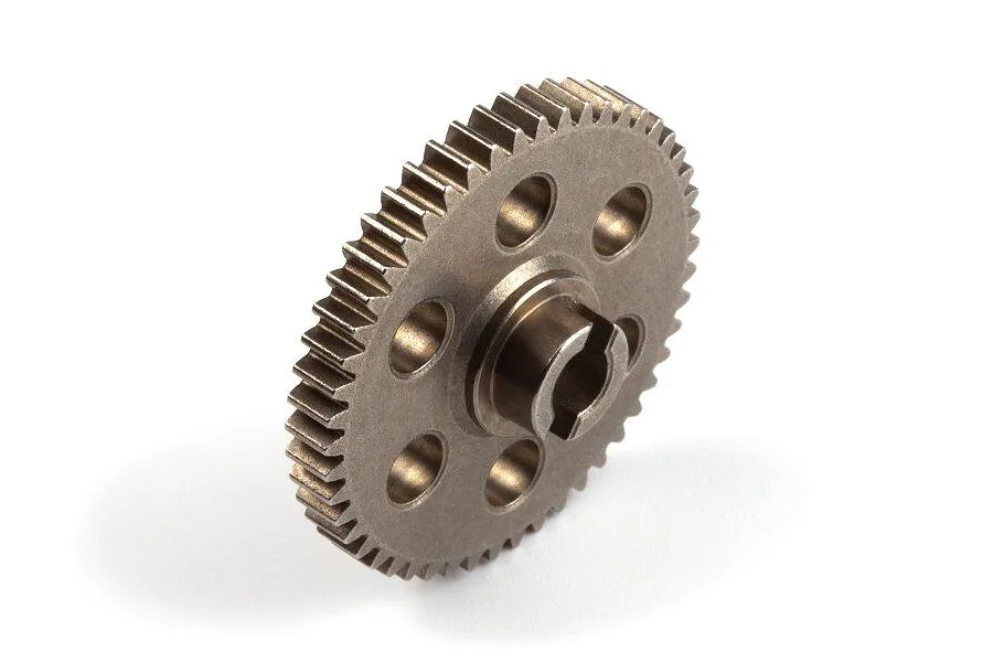 Studio shot of a BlackZon metal 50T spur gear on a clean white background, viewed from an angled perspective.