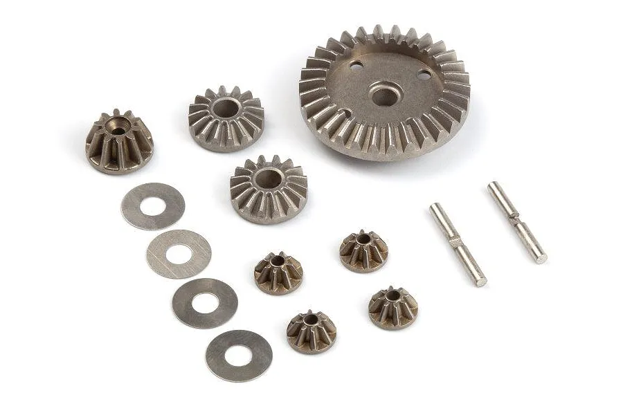BlackZon metal differential gear set components laid out on a white studio background.