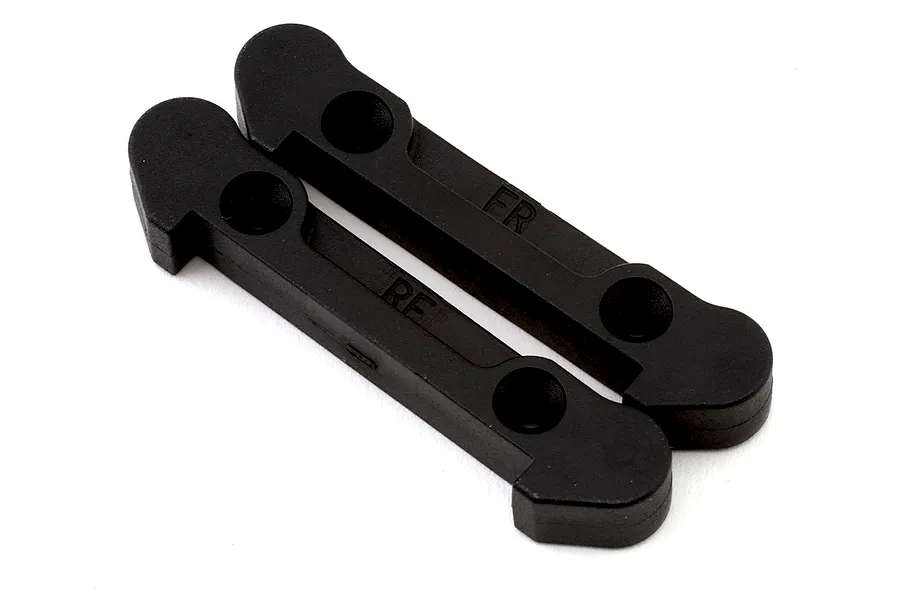 Two black plastic hinge pin holders with molded lettering FR and RF against a white background.