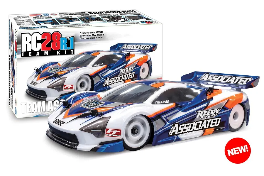 Team Associated RC285R.1 Team Kit RC car displayed in front of its branded product box.