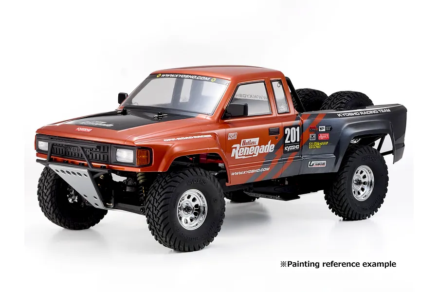 Studio product photo of the Kyosho Outlaw Renegade 2RSA 1/10 electric short course truck on a white background, featuring a painted orange and grey body.