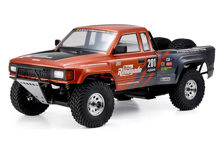 Kyosho Outlaw Renegade 1/10 scale 2WD electric RC short course truck in metallic orange and black livery against a white background.