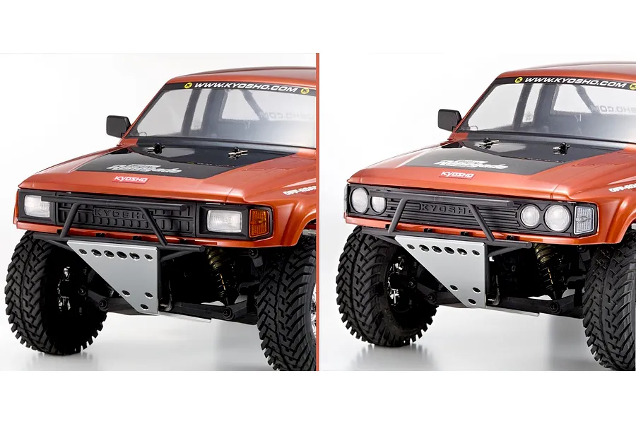 Comparison view of two front grille and bumper configurations on the Kyosho Outlaw Renegade RC truck body.