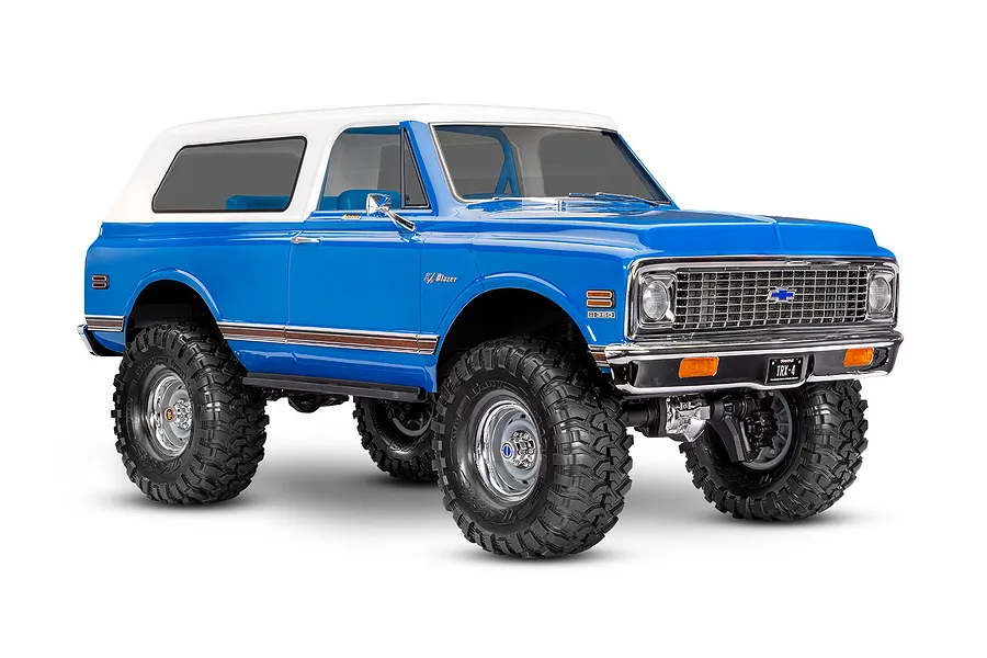 Studio product photo of the Traxxas TRX-4 Chevrolet Blazer RC rock crawler in blue with white top.
