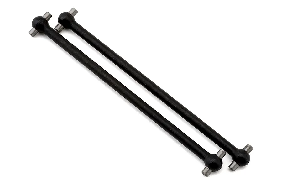 Two black metal RC model car driveshafts with cross pins at both ends, presented on a plain white background.
