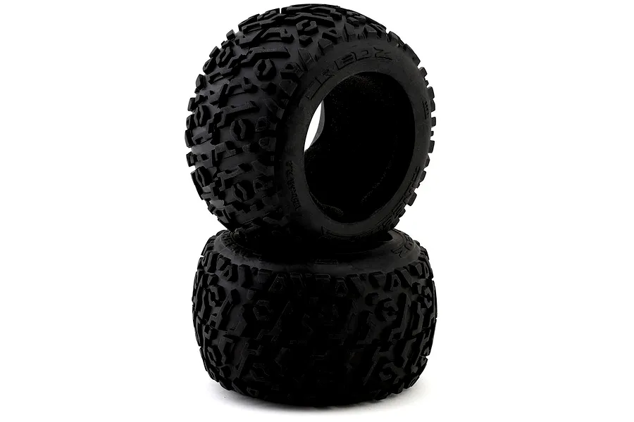 Two black rubber Maverick Tredz Linebacker RC monster truck tyres stacked on a white background.