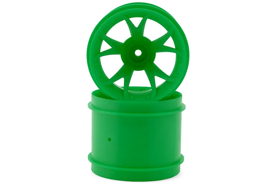 Two bright green RC monster truck rims stacked against a white background, featuring a multi-spoke design.